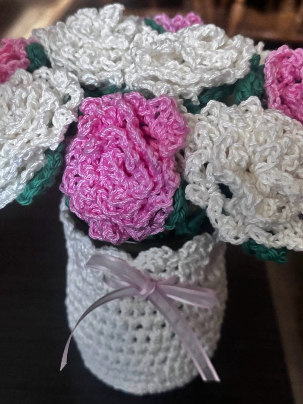 Handmade Pink and White Crochet Flower Vase - Home Accents